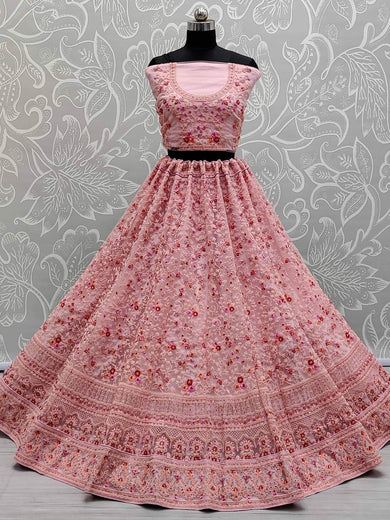 Elegant Pink Net Thread Embroidered Bridesmaids Lehenga Choli